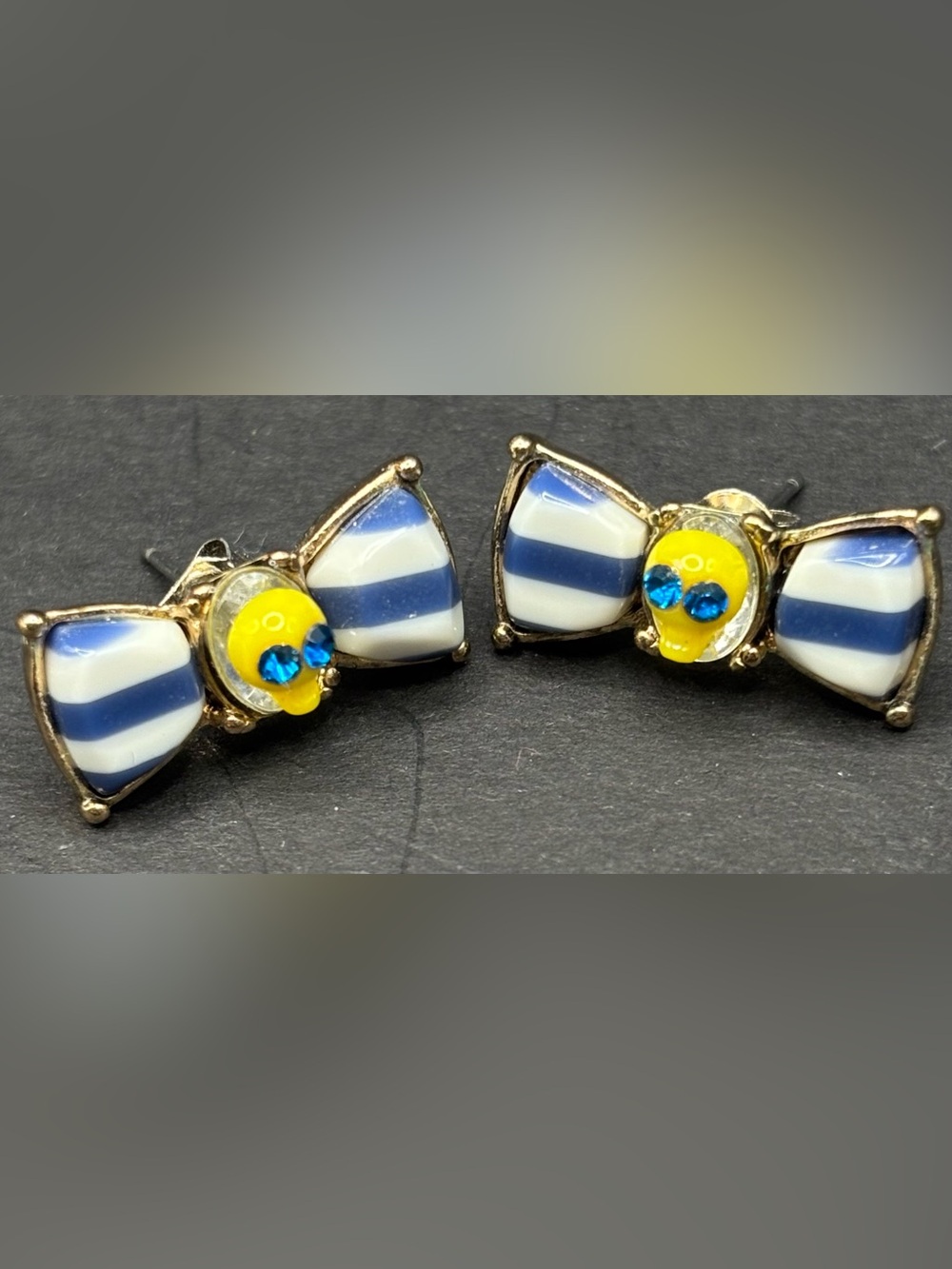 Betsey Johnson Ivy League Striped Bow Skull Stud Earrings Blue Yellow Y2K